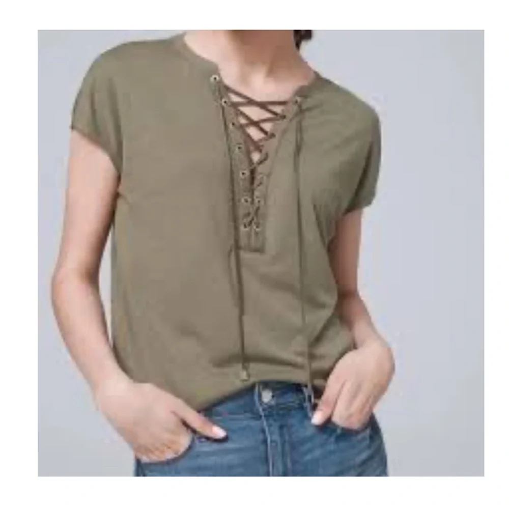 White House Black Market Green Tie Front Short Sleeve Tee size S - Picture 7 of 10